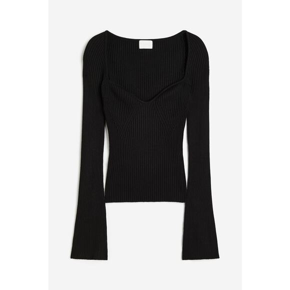 H&M Size Medium Black Rib Knit Sweater flare long sleeves sweetheart neck NWT - Picture 1 of 10